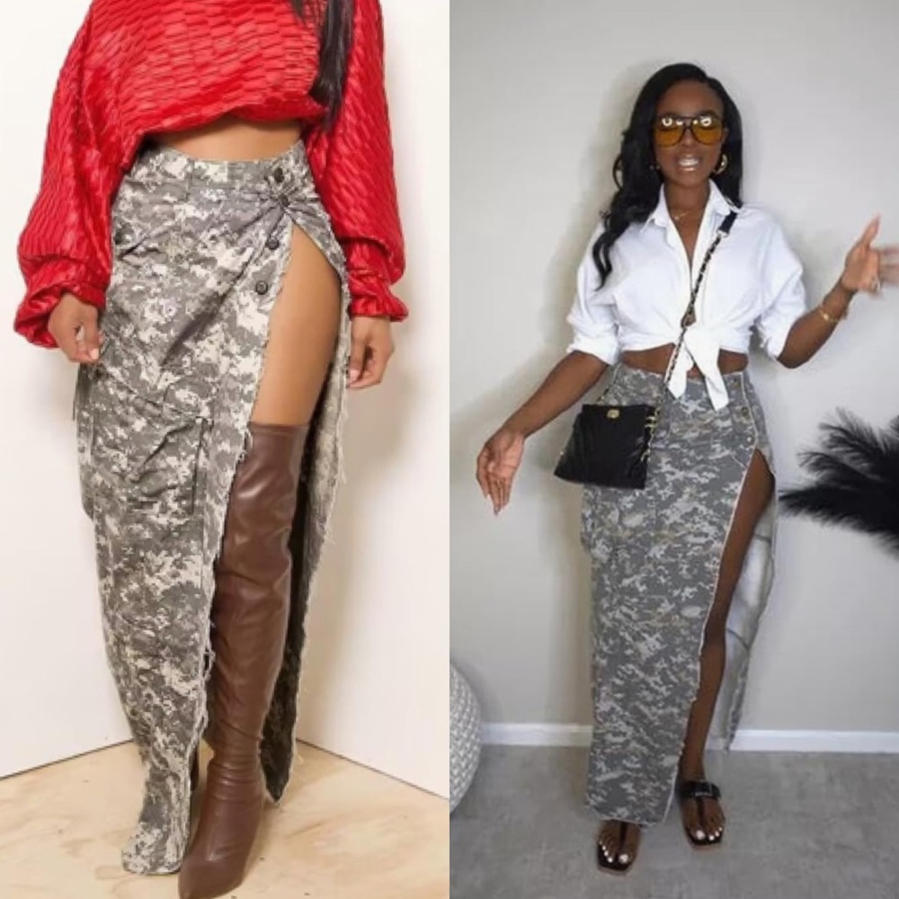 Digital Print Camouflage Skirt with Slit